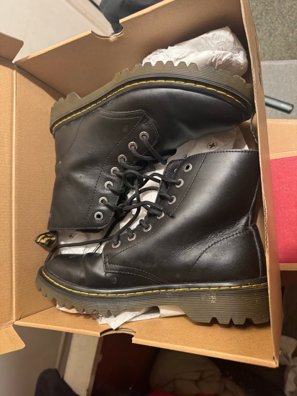 Dr. Martens Black Leather Combat Boots with Yellow Stitching